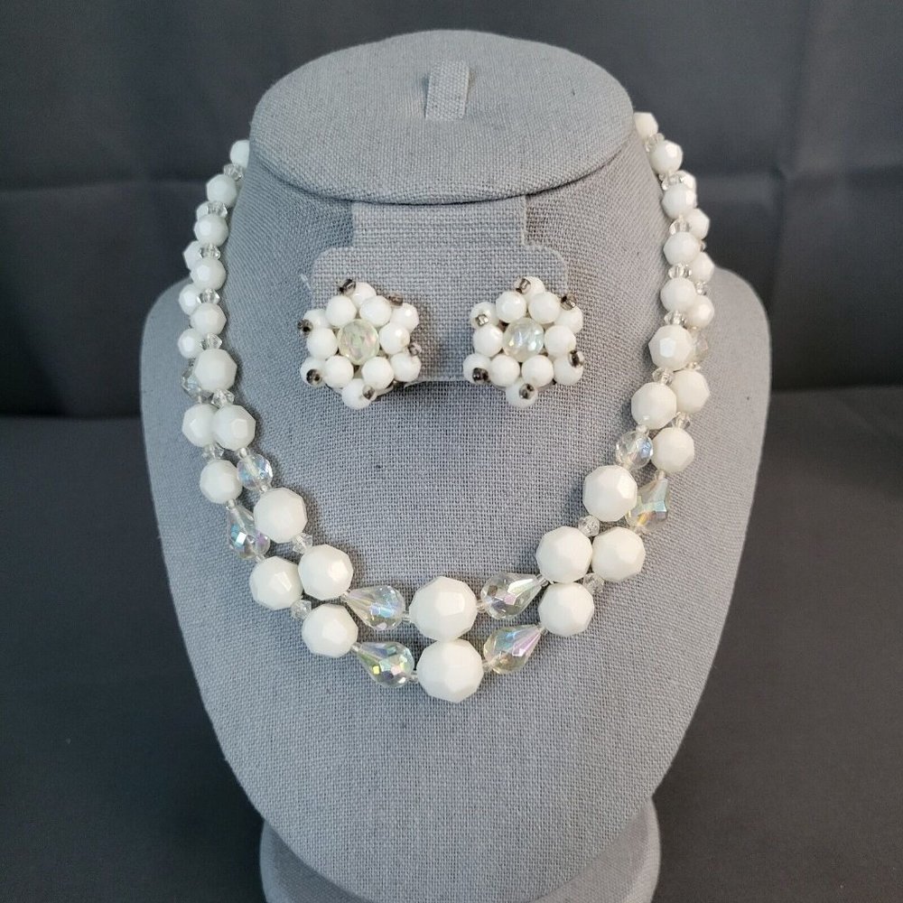 Womens White Beads AB Aurora Borealis Fashion Necklace Earrings Set Germany Made